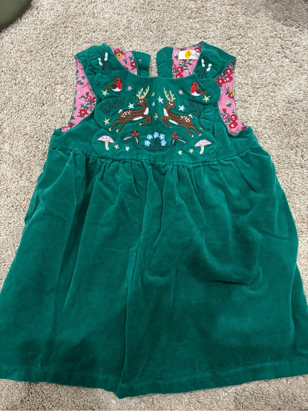 Green Embroidered Deer Corduroy Pinafore Dress